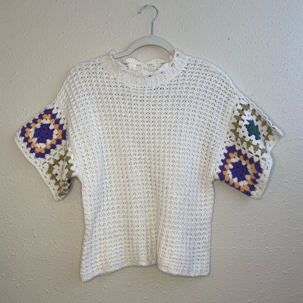 Universal thread crochet afghan granny sweater | short sleeve | size XS